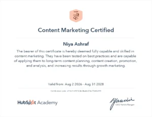 freelance social media marketing analyst in kuwait content marketing certification from hubspot academy displayed as part of my professional achievements